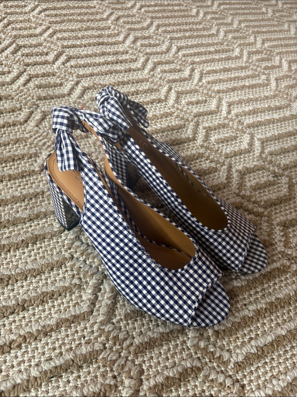 NWT Gingham Slingback Block Heel Peep-Toe Pumps - Navy/White